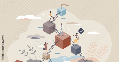 Leveling up and career development with progress stairs tiny person concept. Skills and professional improvement as upward raising steps vector illustration. Climb with aspiration to target or goal.