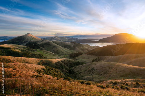 Sunrise over Hoopers Inlet, Otago Peninsula, Dunedin, Otago, New Zealand