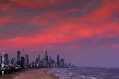 Pink sunset skies over Gold Coast cityscape