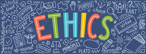 Ethics. Moral hand drawn doodles and lettering. Education vector illustration.