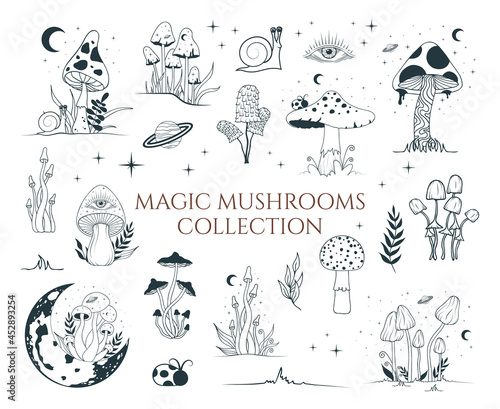 Big mystical collection with magic mushrooms, floral elements. Celestial fungi set. Witchy tattoo and occult clipart with moon and stars.