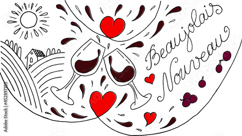 Beaujolais Nouveau lettering. Festival of new wine in France. Wine and food. Vector illustration.