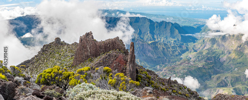 Réunion island panorama from Grand Bénare with rock dykes and Cilaos, Reunion Island, France.