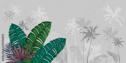 Multicolored Tropical leaves on gray monochrome foggy background. Seamless botanical pattern border, frame with coconut palm trees with aerial perspective