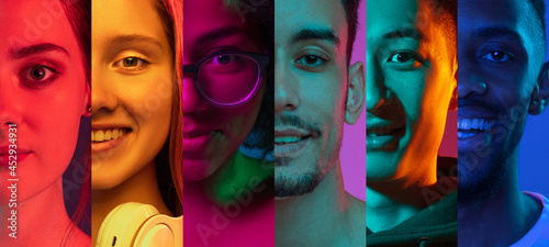 Cropped portraits of group of people on multicolored background in neon light. Collage made of 7 models