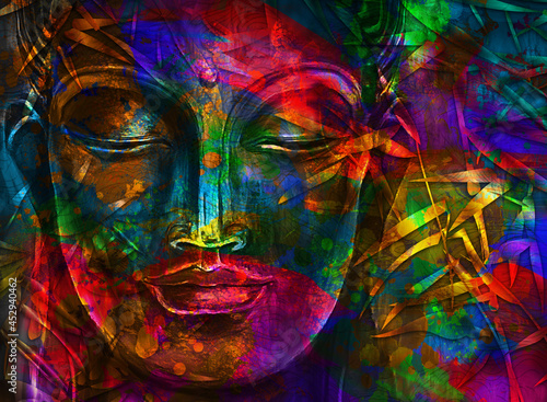 Head of Lord Buddha digital art collage combined with watercolor. An unusual painting hand drawn for the interior. Mantra Om mani padme hum, performed in Sanskrit and Tibetan langwith