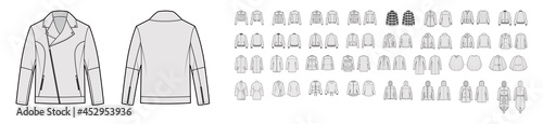 Set of coats, jackets, outerwear technical fashion illustration with oversized, thick, hood collar, long sleeves, pockets. Flat coat template front, back grey color. Women men unisex top CAD mockup