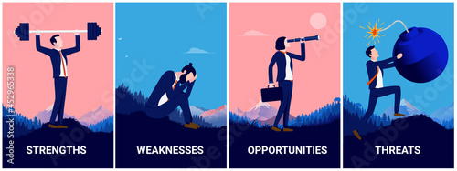 Strengths, weaknesses, opportunities and threats vector illustrations - Collection of business characters doing metaphors for business SWOT