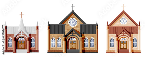 Exterior of Catholic or Protestant Church Set. Collection of Small Cathedral in Gothic Style. Chapel with Tower with Cross Isolated. Suburb or Village Church Concept. Flat Vector Illustration