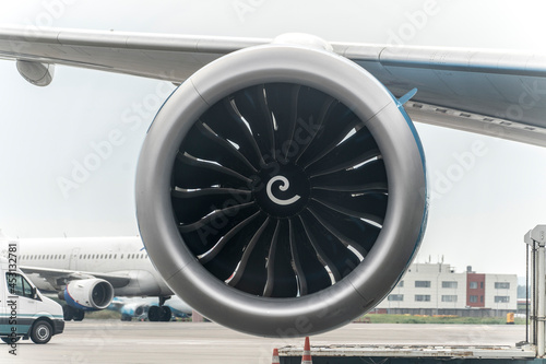 airplane jet engine turbine close up, new technology engineering