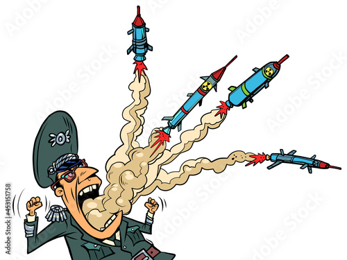 The military militarist has rockets flying out of his mouth. The danger of war