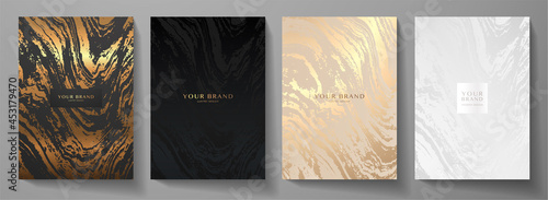 Modern elegant cover design set. Luxury fashionable background with abstract marble pattern in gold, black, silver color. Elite premium vector template for menu, brochure, flyer layout, presentation