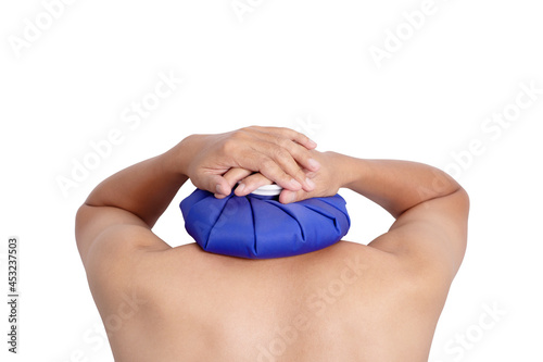 Man hand holding ice pack bag compress to the nape, relieving pain. isolated on white background.