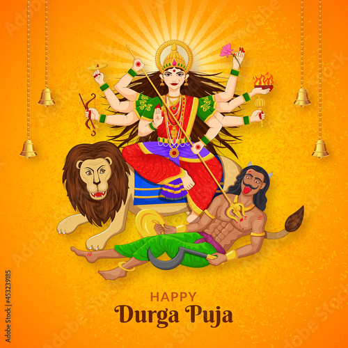 Goddess Durga Killing Mahishasura, Happy Navratri and Durga puja Festival 