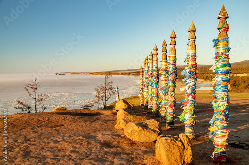 Lake Baikal.13 pillars of Serge on Cape Burhan. Shamanic pillars. Olkhon Island.
