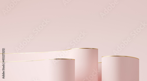 Minimal abstract background for product presentation. Pink podium with golden rim on pink background. 3d render illustration. Clipping path of each element included.