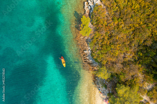 Aerial view of the kayaking on the Adriatic Sea near Korcula, Croatia