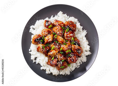 Plate of teriyaki chicken with rice isolated on white background