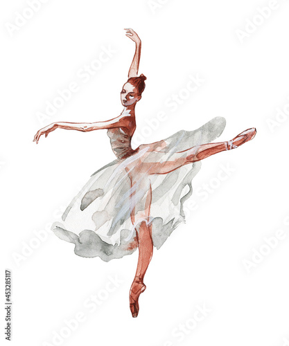 Watercolor isolated dancing ballerina. Hand drawn classic ballet performance. Painting young dancer woman in white dress.