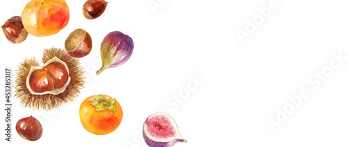 秋の食材：栗と柿とイチジクの俯瞰水彩イラストのアシンメトリーバナー背景。