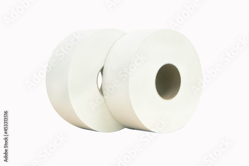 Toilet paper large or Tissue roll sanitary vertical and household, Close up detail of vertical clean toilet paper roll. Tissue is lightweight paper or light crepe paper. Isolated on white background