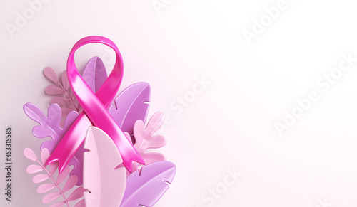 Breast cancer awareness ribbon with leaves decoration background, copy space text, 3d rendering illustration