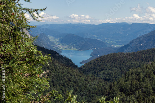 Beautiful view of lake from a forest in mountains. Bohinj, Slovenia