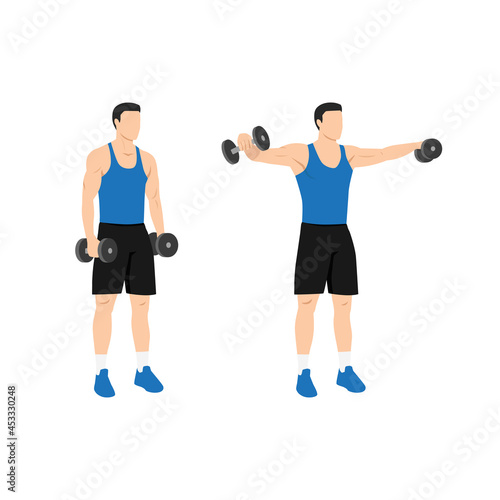 Man doing Lateral side shoulder dumbbell raises. Power partials exercise. Flat vector illustration isolated on white background