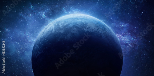 Blue planet in outer space. Earth surface. Solar system planet. Sphere in deep space. Elements of this image furnished by NASA