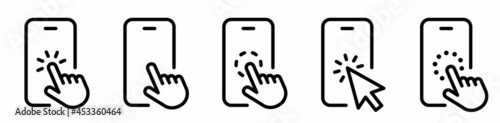 Hand touch screen smartphone. Mobile phone touch screen icon. Click on the smartphone. Vector illustration.