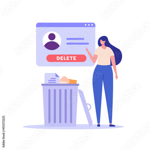 Woman standing with account or profile and trash can. User deleting social account to waste bin. Concept of delete profile, account deactivation, remove data files or page. Flat vector illustration