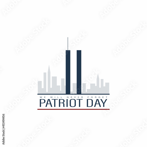 USA Patriot Day banner with high rise towers of New York along with twin tower world trade center on sunset background.