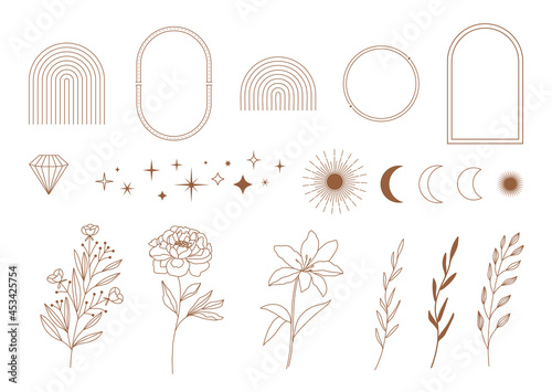 Set of minimal boho linear symbols. Celestial concept. Frame, arch, hands, florals, sun, stars and moon elements. Vector design collection for logo design, social media posts, stories. Branding.