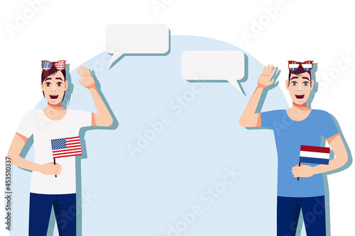 Men with American and Dutch flags. Background for the text. Communication between native speakers of the language. Vector illustration.