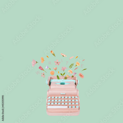 Typewriter keys keytops old style making lovely words of flowers. Creative literature poetry or nice words concept. Trendy pastel colors