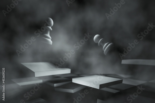 Surrealistic 3D chessboard in a fog with falling white pawns. Abstract chess wallpaper
