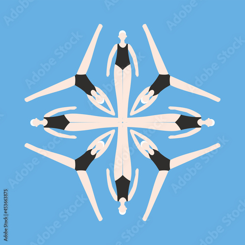 Synchronized swimming team. Group performance in the water. Vector illustration in flat style. Competitions or training in the swimming pool. Water sports concept.