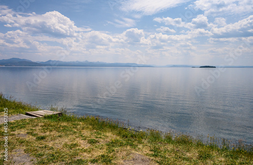 View of the vast Yellowstone Lake on a sunny summer day, Yellowstone National Park, USA 