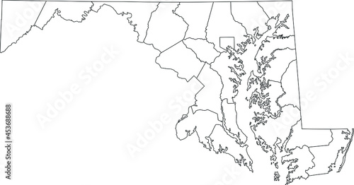White blank vector map of the Federal State of Maryland, USA with black borders of its counties