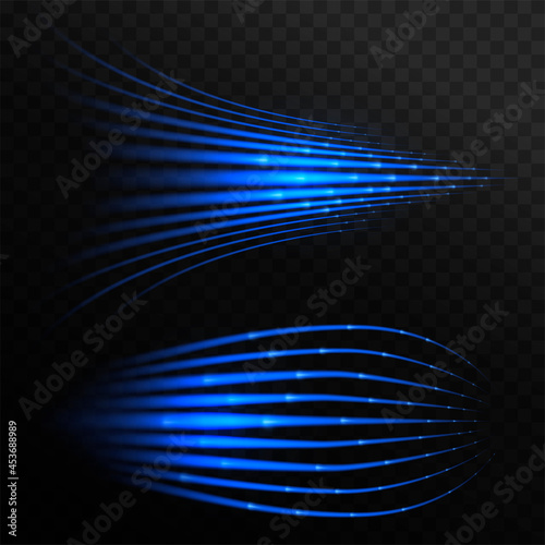 Blue laser beams. Speed, supersonic wave. Sparkling light effect