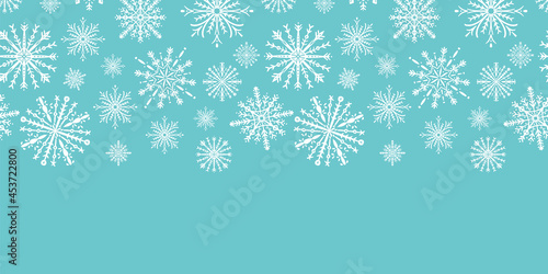 Border christmas snowflake turquoise and white seamless pattern print winter background print. Vector illustration. Surface pattern design. Great for card design, clothing and home decor projects. 