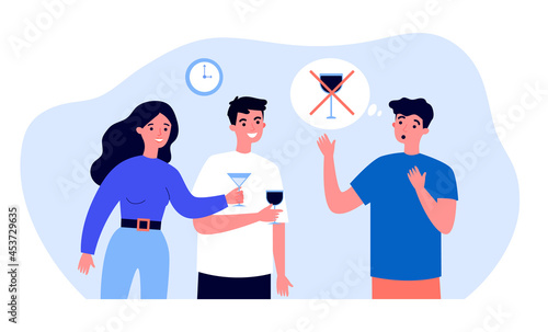 Friends offering alcohol to non-drinking guy. Flat vector illustration. People with glasses resting in evening, drinking in company of sober friend. Sobriety, alcoholism, diet, addiction concept