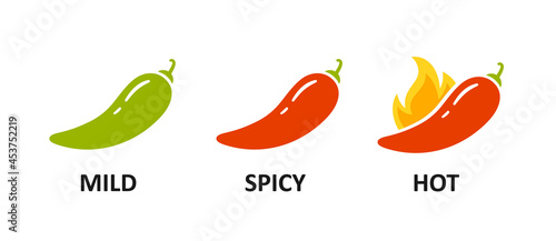 Spice level marks - mild, spicy and hot. Green and red chili pepper. Symbol of pepper with fire. Chili level icons set. Vector illustration isolated on white background.