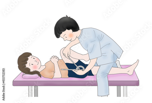 下肢（股関節屈曲）の関節可動域測定（ROM測定）をする理学療法士か作業療法士