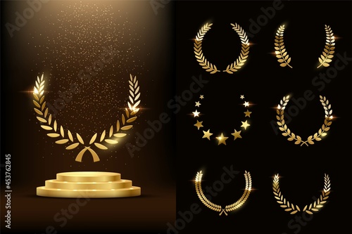 Golden podium with laurels and stars glowing. Gold stage with glitter and light smoke on dark background set. Hollywood fame in film and cinema or championship in sport vector illustration