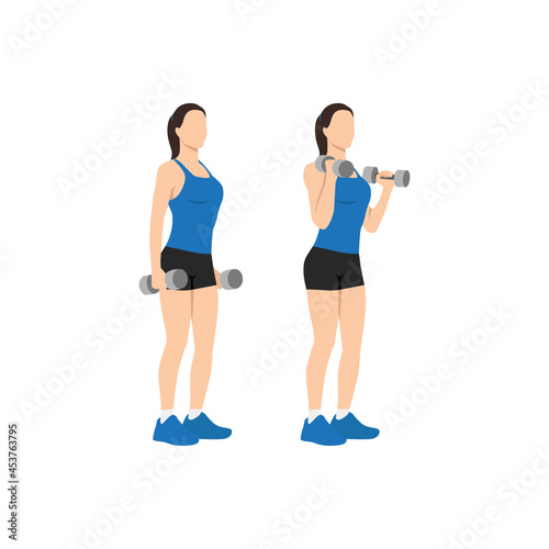 Woman doing dumbbell bicep hammer curls. Flat vector illustration isolated on different layer. Workout character