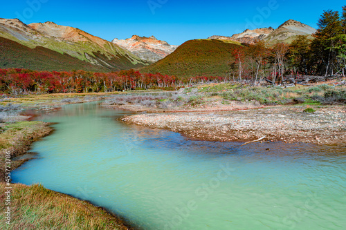 View over magical colorful valley with austral forests, peatbogs, dead trees, glacial streams and high mountains in Tierra del Fuego National Park, Patagonia, Argentina, golden Autumn.