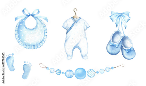 Newborn Baby boy clipart set.Accessories for a newborn baby boy.Watercolor hand drawn illustrations with elements for baby shower isolated on white background.