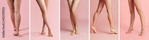 Collage with slender female legs isolated over pink studio background. Concept of natural beauty, fashion, ad, health treatment, medicine