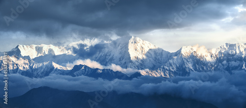 Scenic Panoramic view of snow mountains range landscape in Himalaya